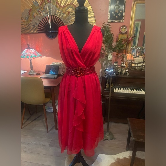 Vintage 70s Lillie Rubin AJ Bari red midi chiffon dress with sparkly floral belt - Picture 1 of 7